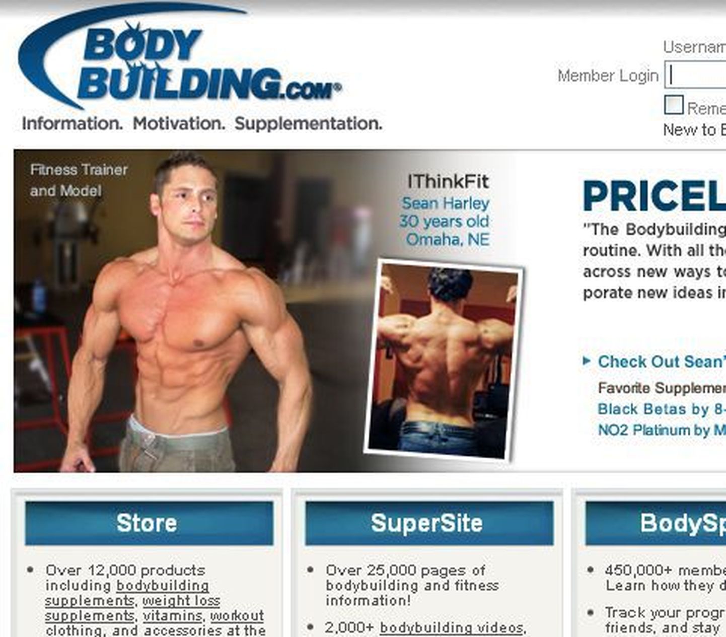 Fragment toidulisanditega kauplevalt veebilehelt Bodybuilding.com.