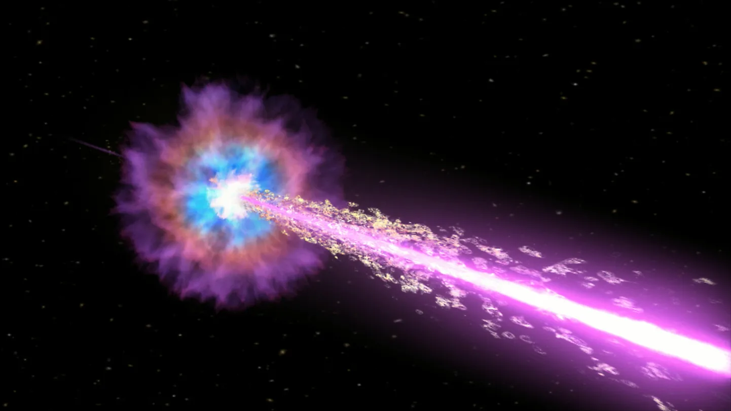Gammakiirguse purse on nagu suur luud, mis pühib elu galaktikast. Nii võibki juhtuda, et tsivilisatsioonid lihtsalt kaovad ja meil pole tulnukaid võtta, kellega kontakti luua. Pildil on kosmiline objekt GRB 221009A ehk kokkutõmbunud tähest tekkiv must auk, mis eritas tohutus koguses valguse kiirusel eemalduvaid osakesi. Nende tekitatav universumi võimsaim gammakiirgus on üsna suurel alal kõike elusat hävitav. GRB 221009A kiirgus jõudis Maale 9. oktoobril 2022, kuid oli meist piisavalt kaugel, et meid see ei mõjutanud. Maale jõudmiseks kulus 1,9 miljardit aastat (pildil on kunstniku ettekujutus sündmusest).