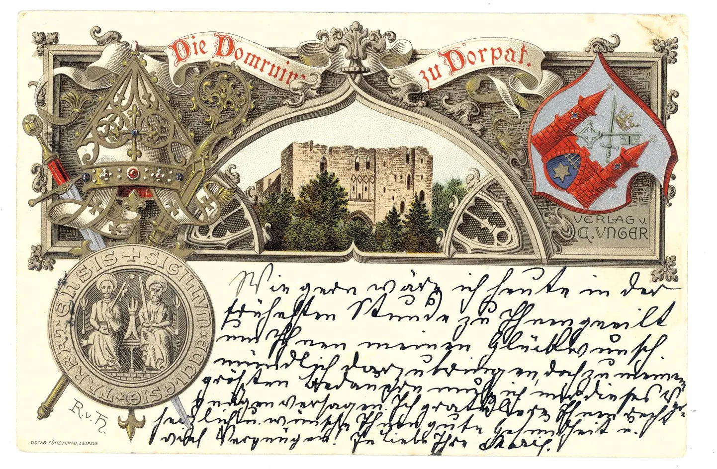 Tartu vapiga postkaart. Trükitud 1899. aastal Saksamaal Leipzigis Carl Ungeri kirjastuse tellimusel.