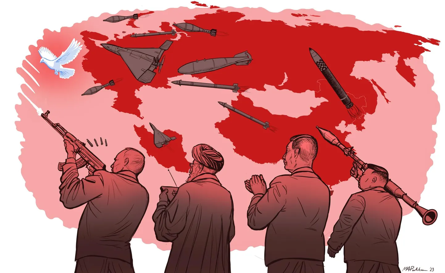 Kurjuse telje riikide liidrid (vasakult): Venemaa president Vladimir Putin, Iraani kõrgeim usujuht Ali Khamenei, Hiina president Xi Jinping ja Põhja-Korea juht Kim Jong-un.
