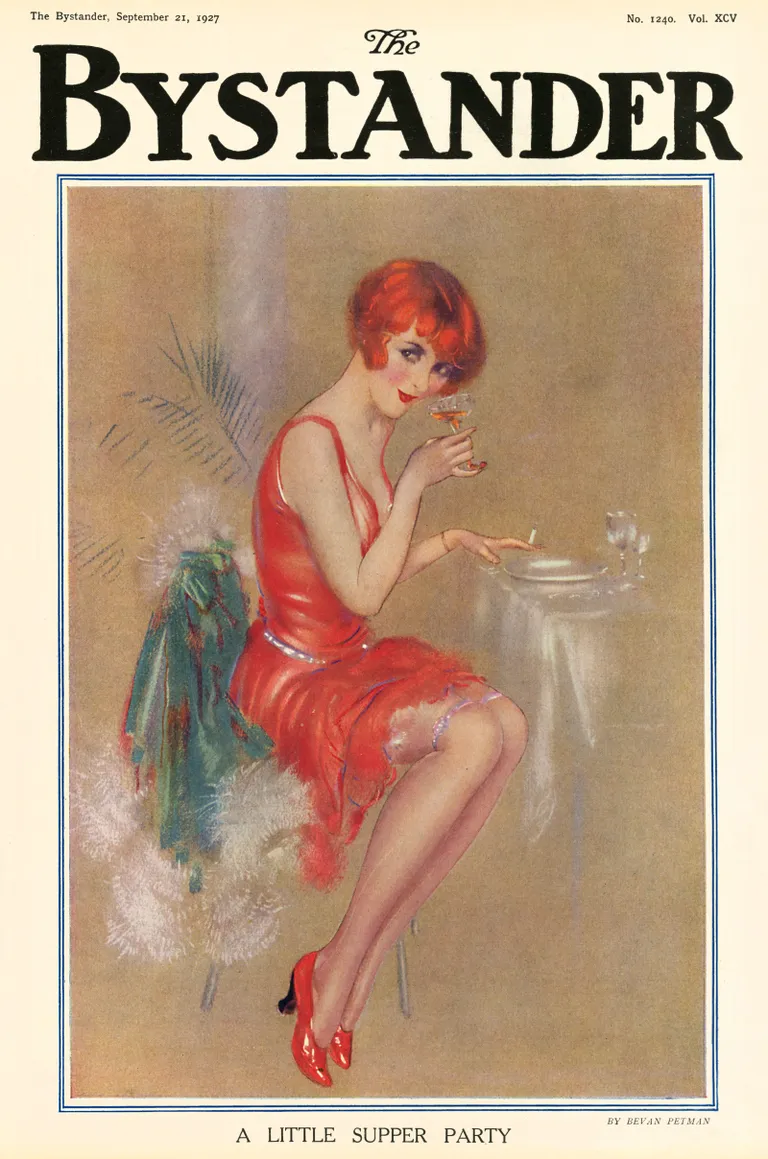 Ajakirja The Bystander kaas 1927. aastast. Flapper girl, kes naudib napsu ja sigaretti, ent toitu mitte nii väga. Kunstnik: Bevan Petman.
