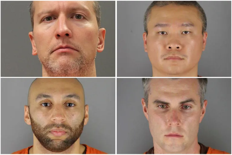 Minneapolise ekspolitsenikud Derek Chauvin (üleval vasakul),Tou Thao (üleval paremal), Thomas Lane (all paremal) ja J Alexander Kueng (all vasakul)