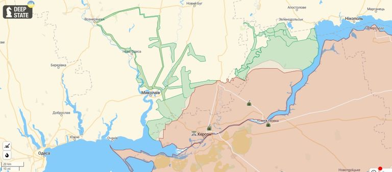 Расположение сил в районе Херсона. Красным отмечена территория, подконтрольная России.