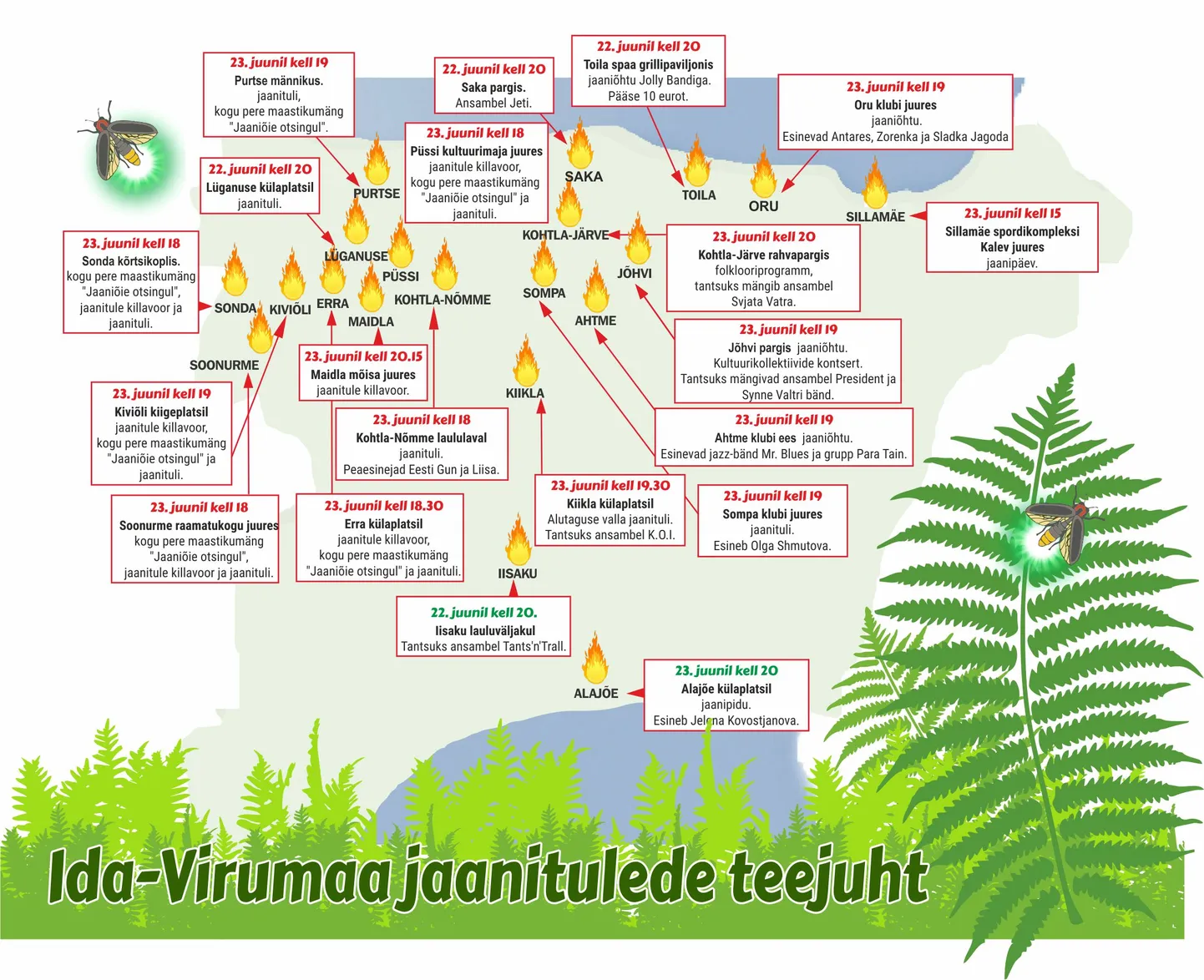 Ida-Virumaa jaanitulede teejuht 2021. aastal.