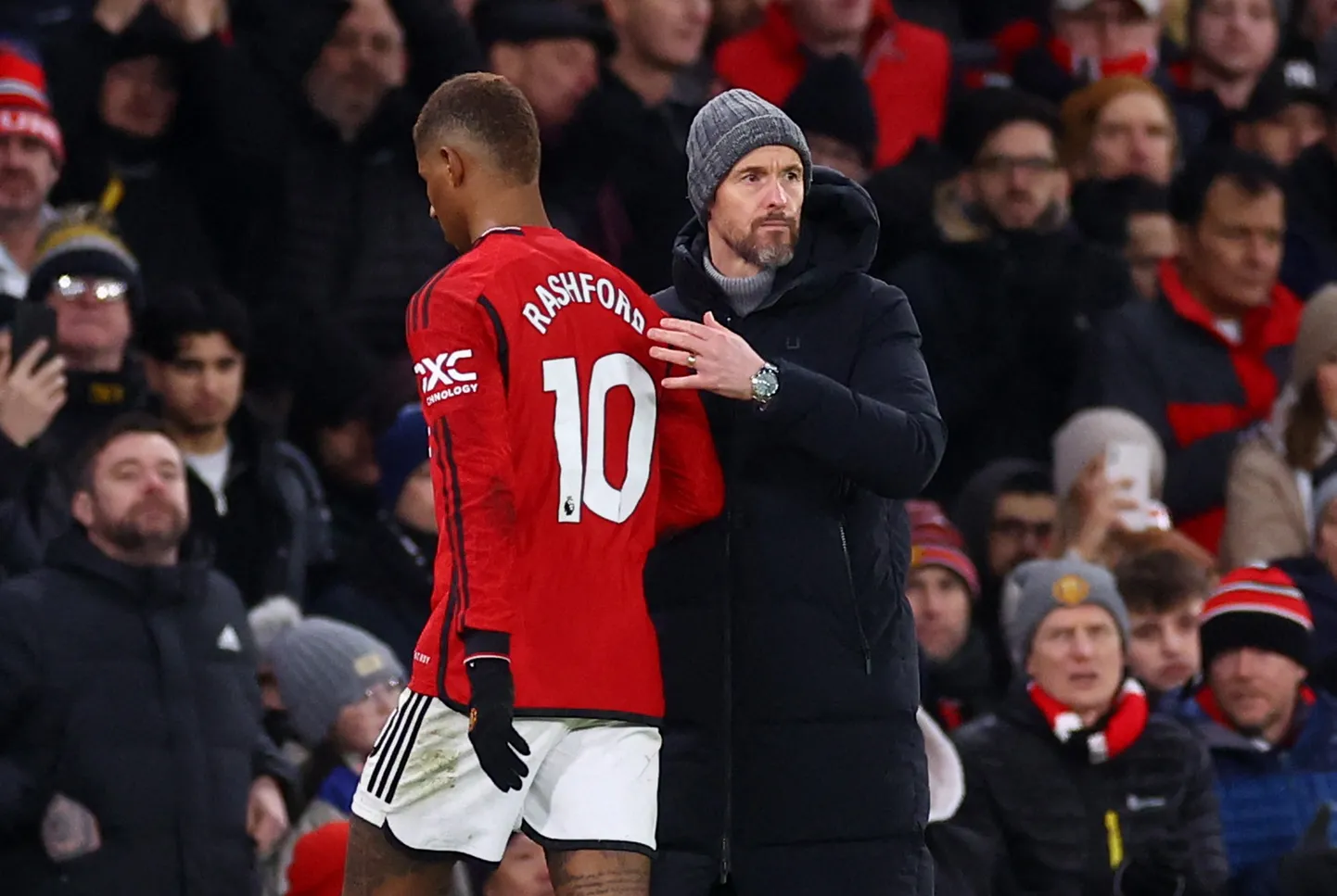 Manchester Unitedi mängija Marcus Rashford ja peatreener Erik ten Hag.