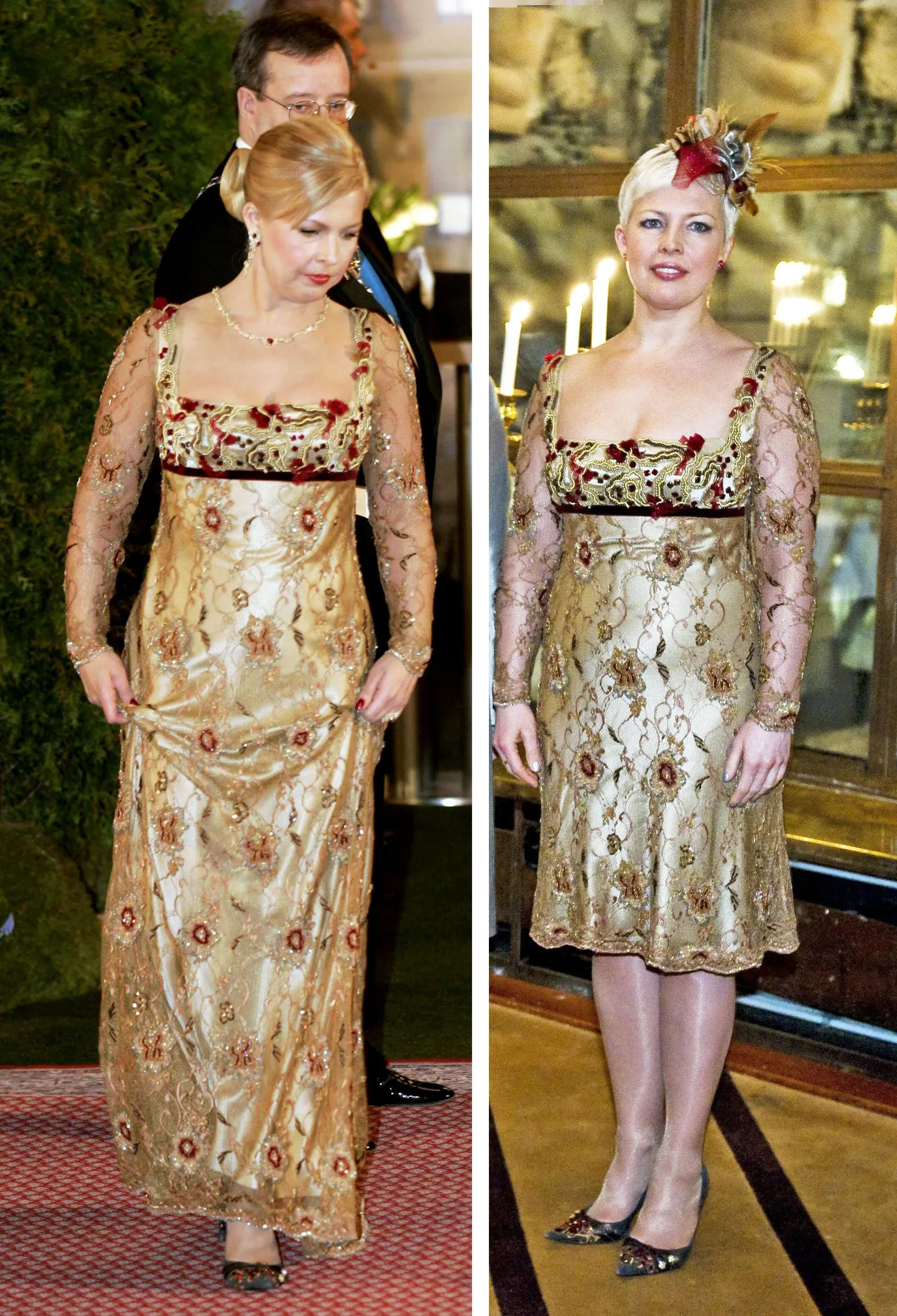 Evelin Ilves 2007. aastal vabariigi aastapäeva vastuvõtul (vasakul) ja 2010. aasta jaanuaris Rootsi riigivisiidil (paremal)