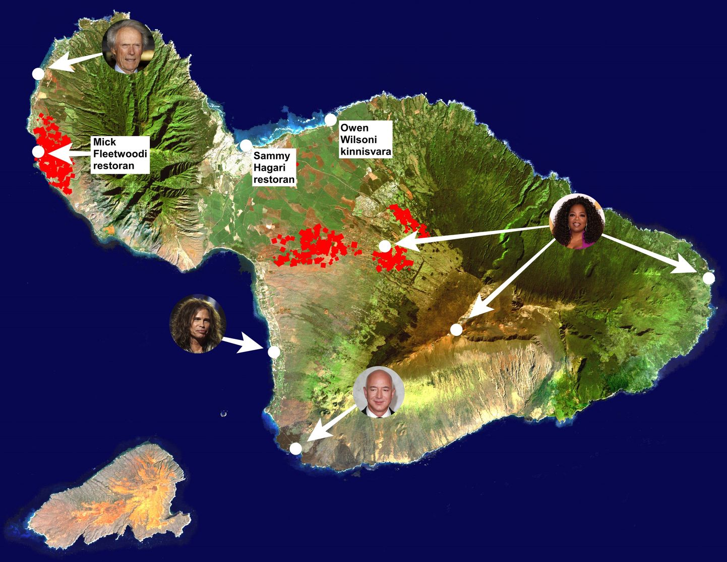 Maastikupõlengute all kannataval Maui saarel omavad kinnisvara paljude seas sellised staarid nagu Clint Eastwood, Steve Tyler, Jezz Bezos ja Oprah Winfrey