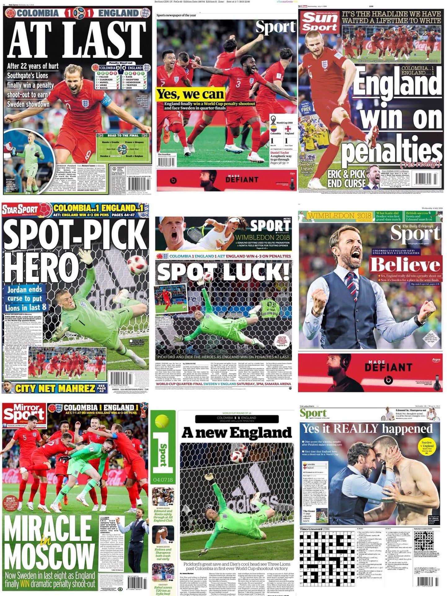 Inglismaa tänaste ajalehtede spordikülgede esikaaned.