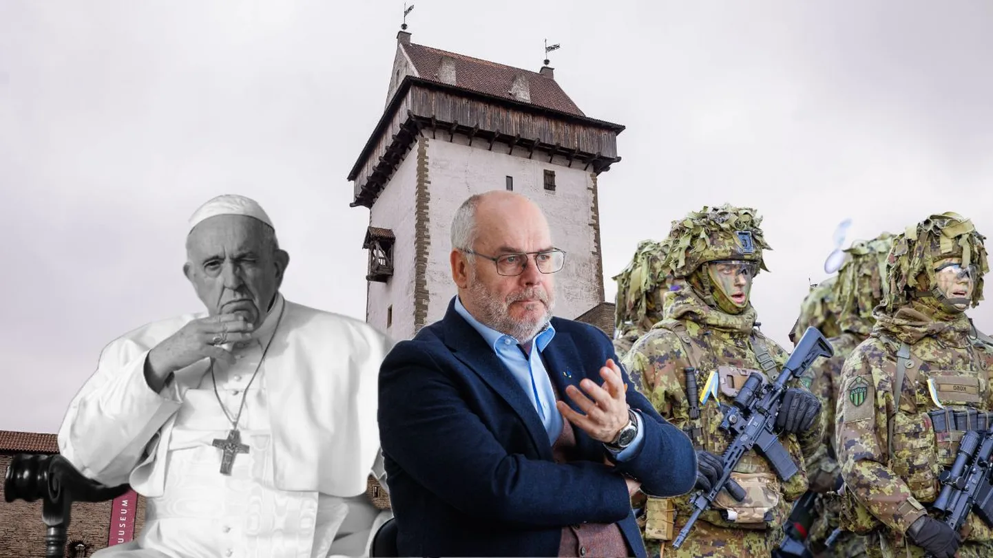 Папа римский Франциск, президент Эстонии Алар Карис, военнослужащие Сил обороны. Коллаж.