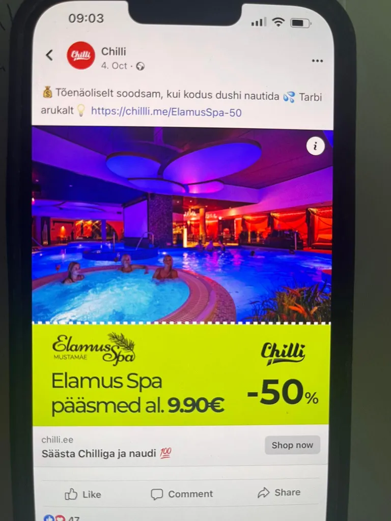 Facebookis nähtud Chilli sooduskampaania Elamus Spa sooduspakkumisest, kus 9,90 eurot on osade arvates eksitav.