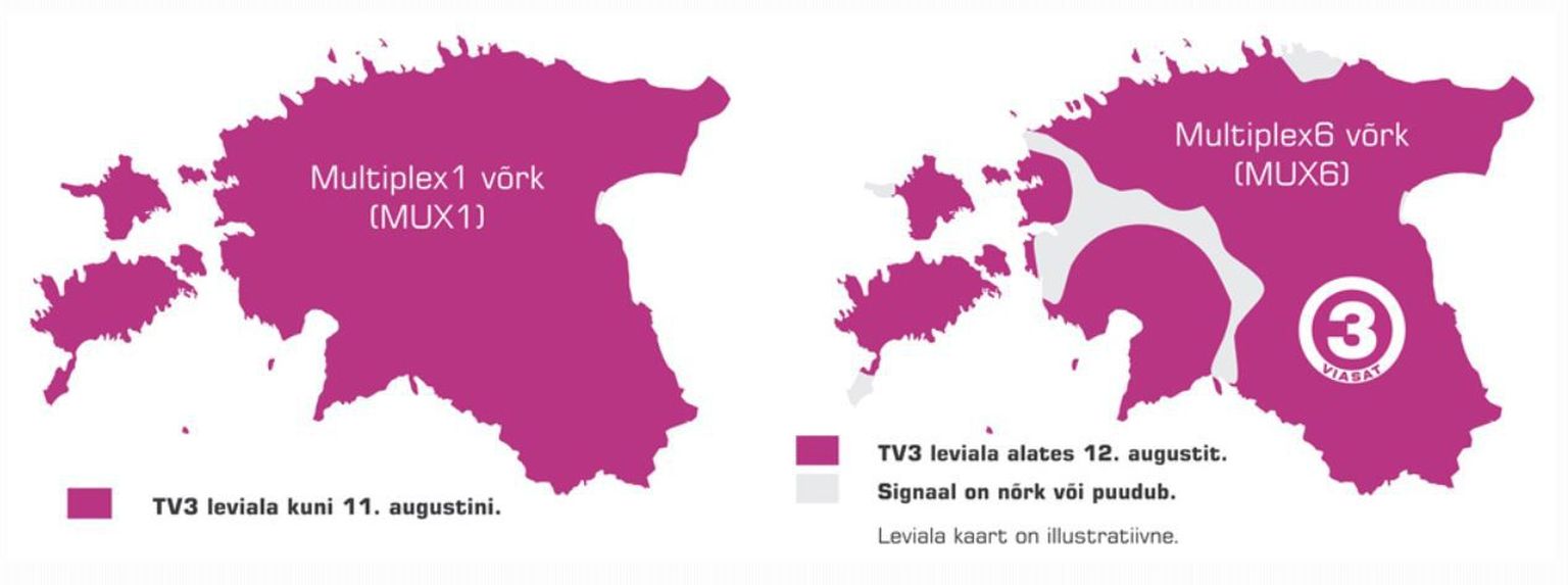 TV3 uue leviala kaardilt saab näha, millistes piirkondades signaal nõrgeneb.