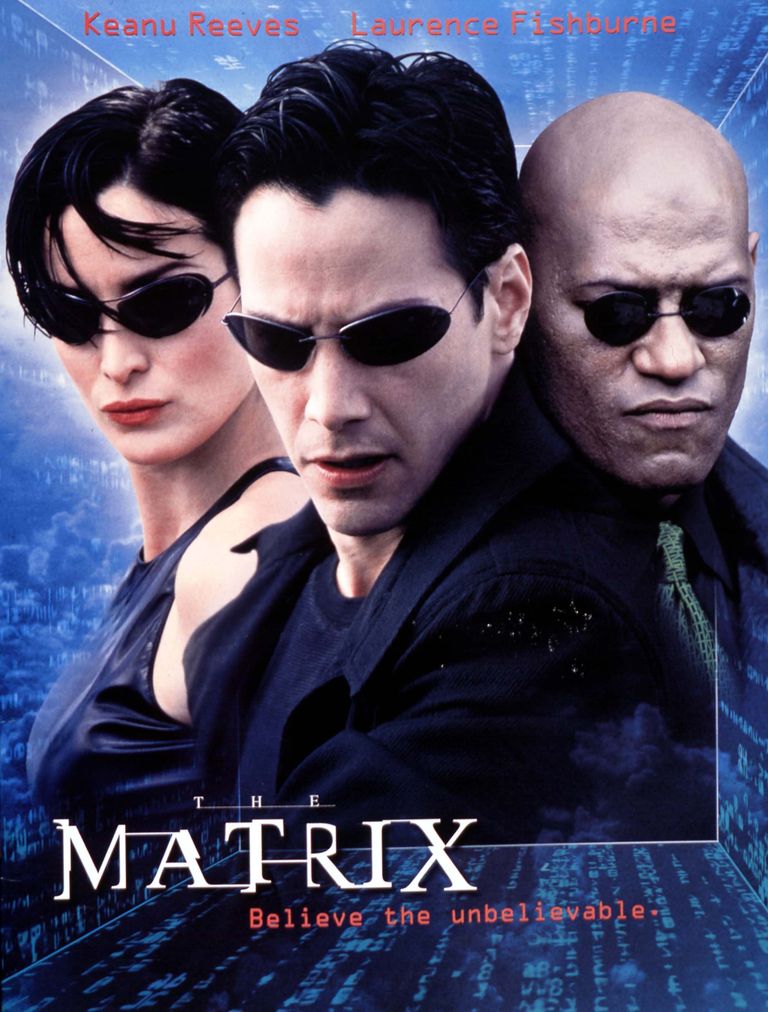 1999. aasta filmi «The Matrix» reklaamplakat. Pildil Carrie Anne Moss, Keanu reeves ja Laurence Fishburn