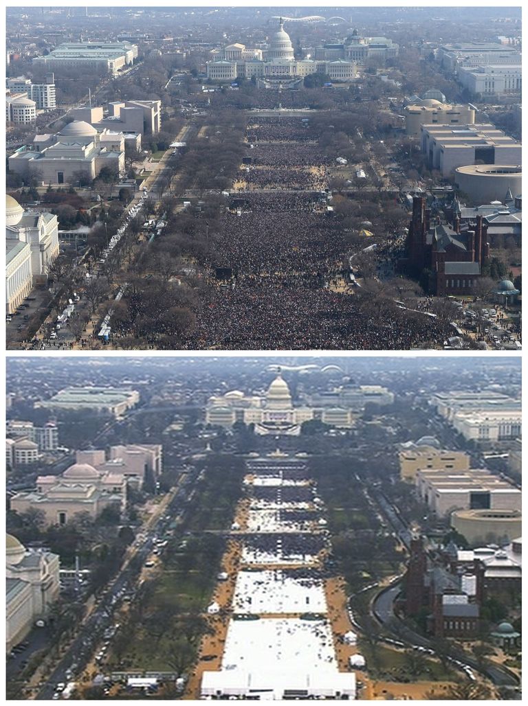 Народ на улицах Вашингтона в 2009 году (наверху) и в 2017 году (внизу). / AP/SCANPIX
