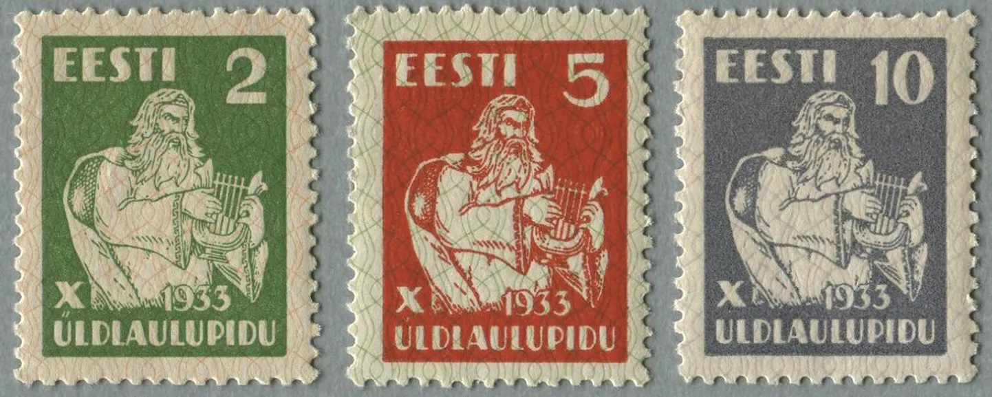 Esimesed laulupeole pühendatud postmargid aastast 1933, kunstnik Karl Triumph.