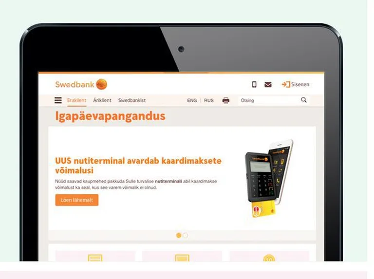 Uue kujundusega netipanga esileht. / Swedbank