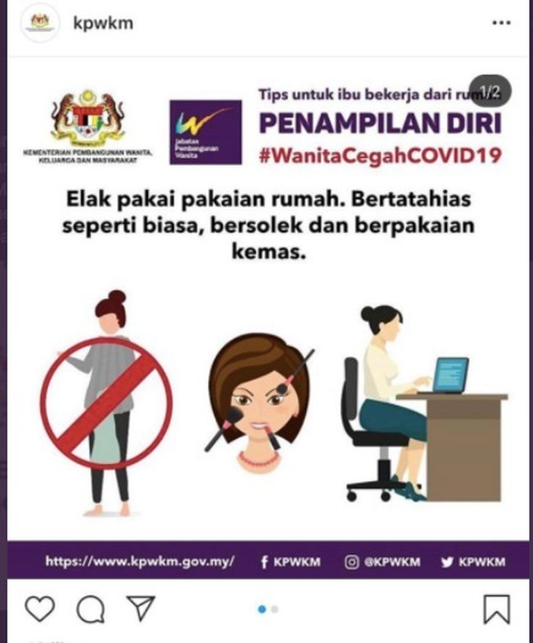 Malaisia naisteministeeriumi kampaania soovitas ka karantiini ajal meiki kanda ja end ilusti riidesse panna.