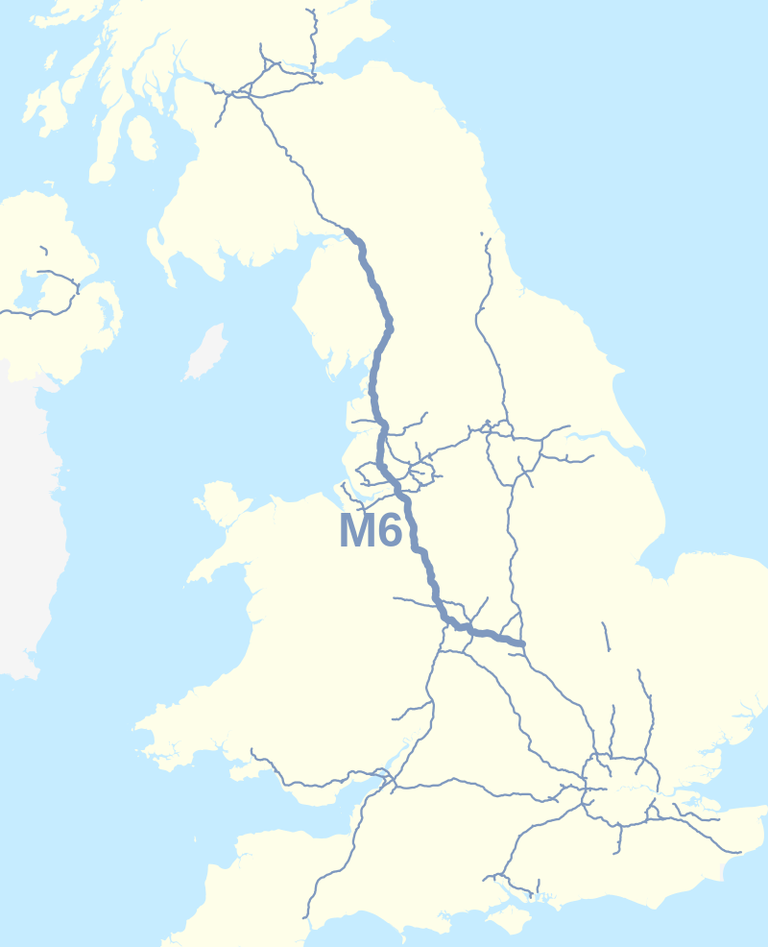 M6 kiirtee Ühendkuningriigis (jämedama sinisega)