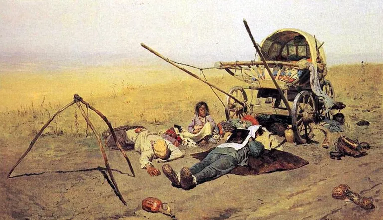 Sergei Ivanovi (1864–1910) maal «Teel. Ümberasuja surm», mis kujutab 1880ndaid ja on maalitud 1889. aastal