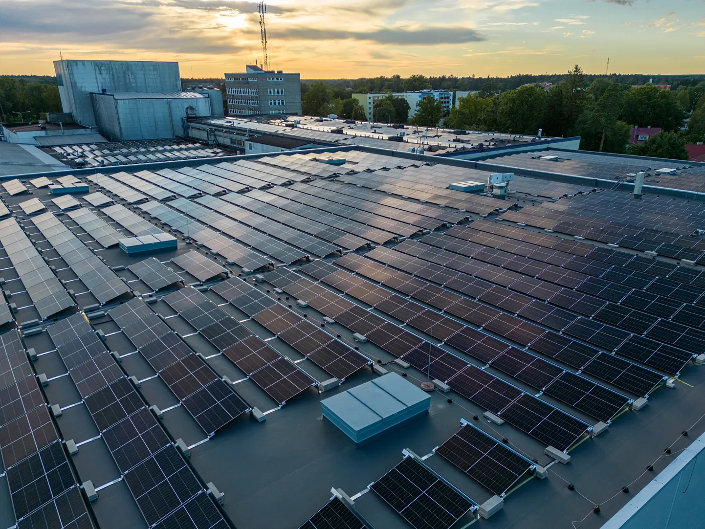 Pildil on Alexela paigaldatud 16 200 m2 päikesejaam Saku õlletehase katusel, mis on Eestis suurim tööstushoone katusele paigaldatud päikesepark.