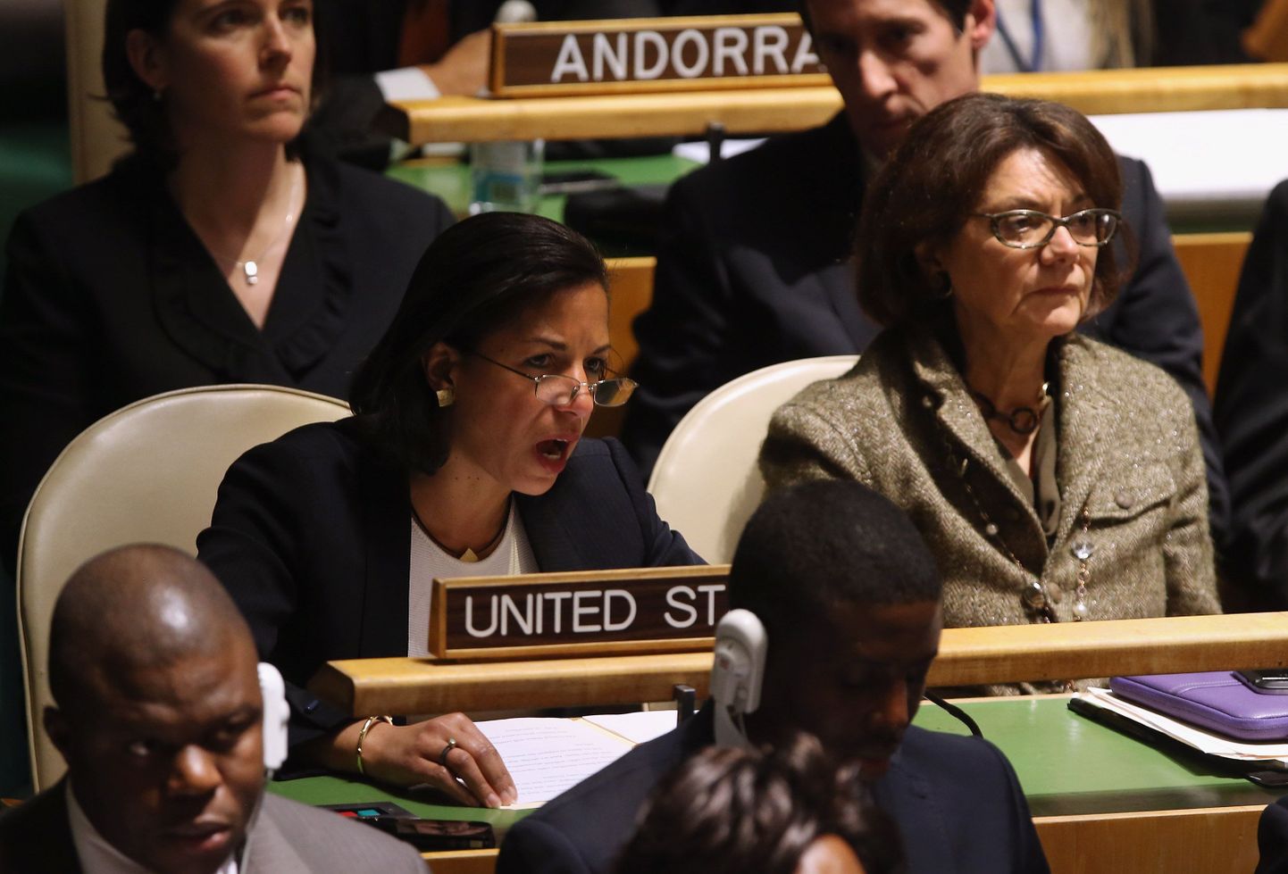 USA suursaadik ÜROs Susan Rice eile New Yorgis toimunud peaassamblee istungil selgitamas, miks USA ei toeta Palestiinale vaatlejastaatuse andmist.