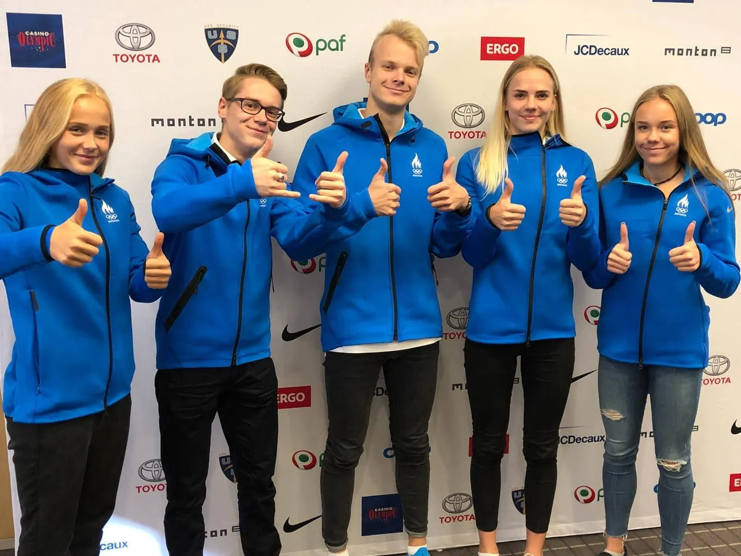 Eesti kergejõustiklased. Vasakult: Gedly Tugi, Eerik Haamer, Ken-Mark Minkovski, Marleen Mülla, Ann Marii Kivikas. Annika Emily Kelly liitus koondisega USAst.