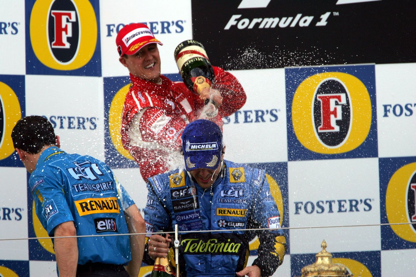 Michael Schumacheri ülevoolav võidurõõm 2006. aasta Suurbritannia etapi poodiumil.