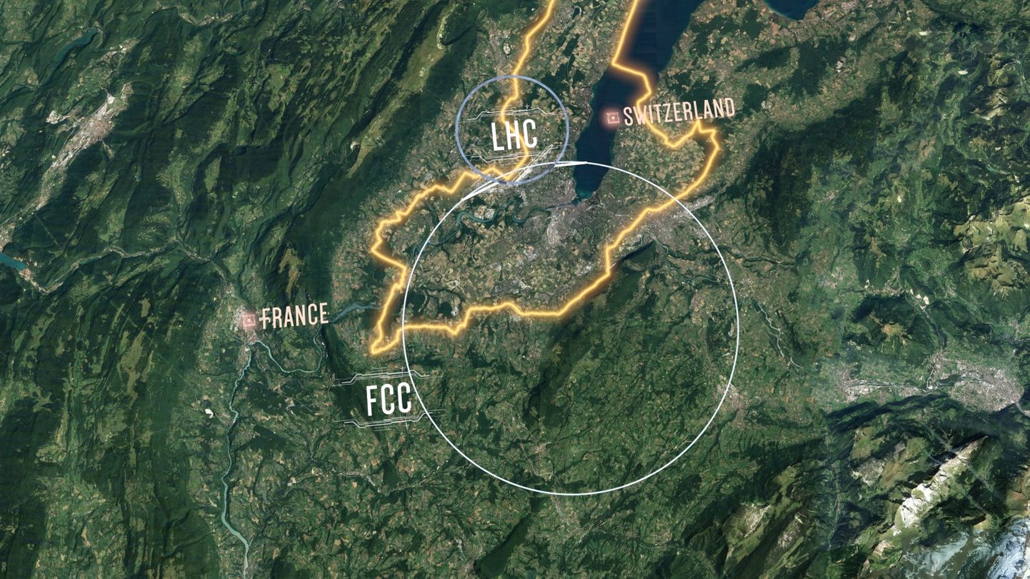 Plaanitava uue kiirendi (FCC) asukoht Genfi külje all. Praegu maailma suurim kiirendi Suur Osakestepõrguti on tähistatud lühendiga LHC.