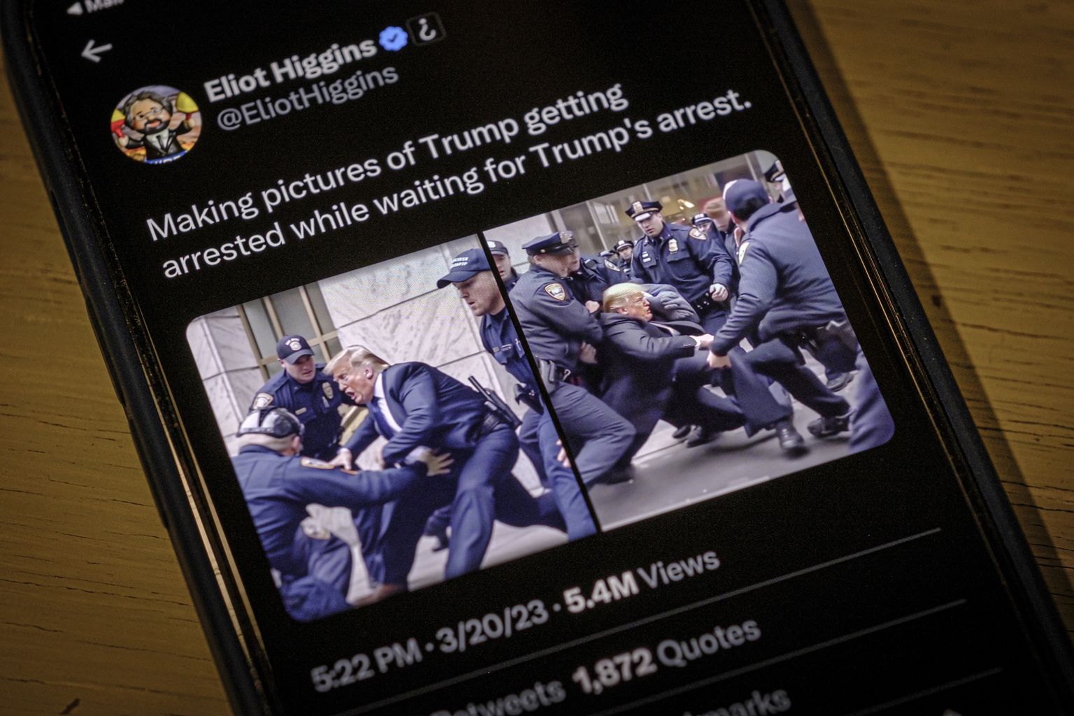 Eliot Higginsi poolt avaldatud pildid president Donald Trumpi vahistamisest New Yorgis on tegelikult tehisintellekiti ülirealistlik looming. Selliste süvavõltsingute levitamise pärast otsustas Midjourney oma tasuta pildiloomise teenuse ajutiselt peatada.