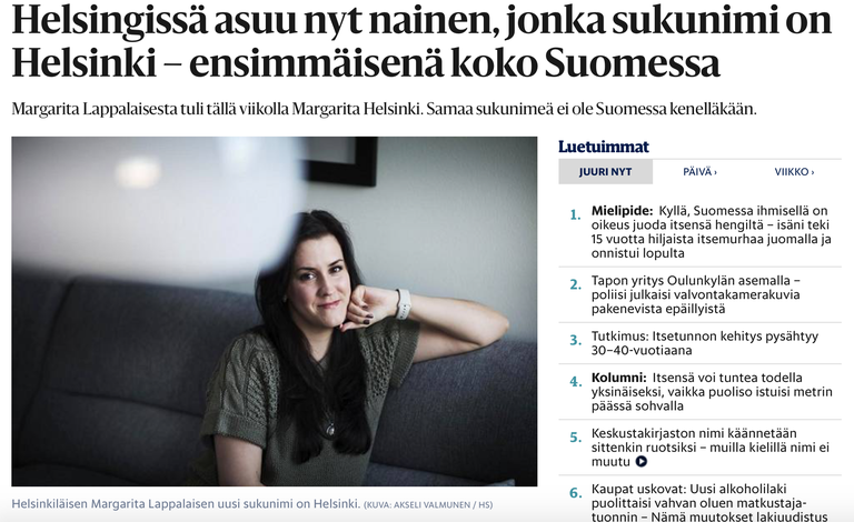 32-aastane Margarita Helsinki sai Soome juubeliaasta hakul endale ajaloolise perekonnanime