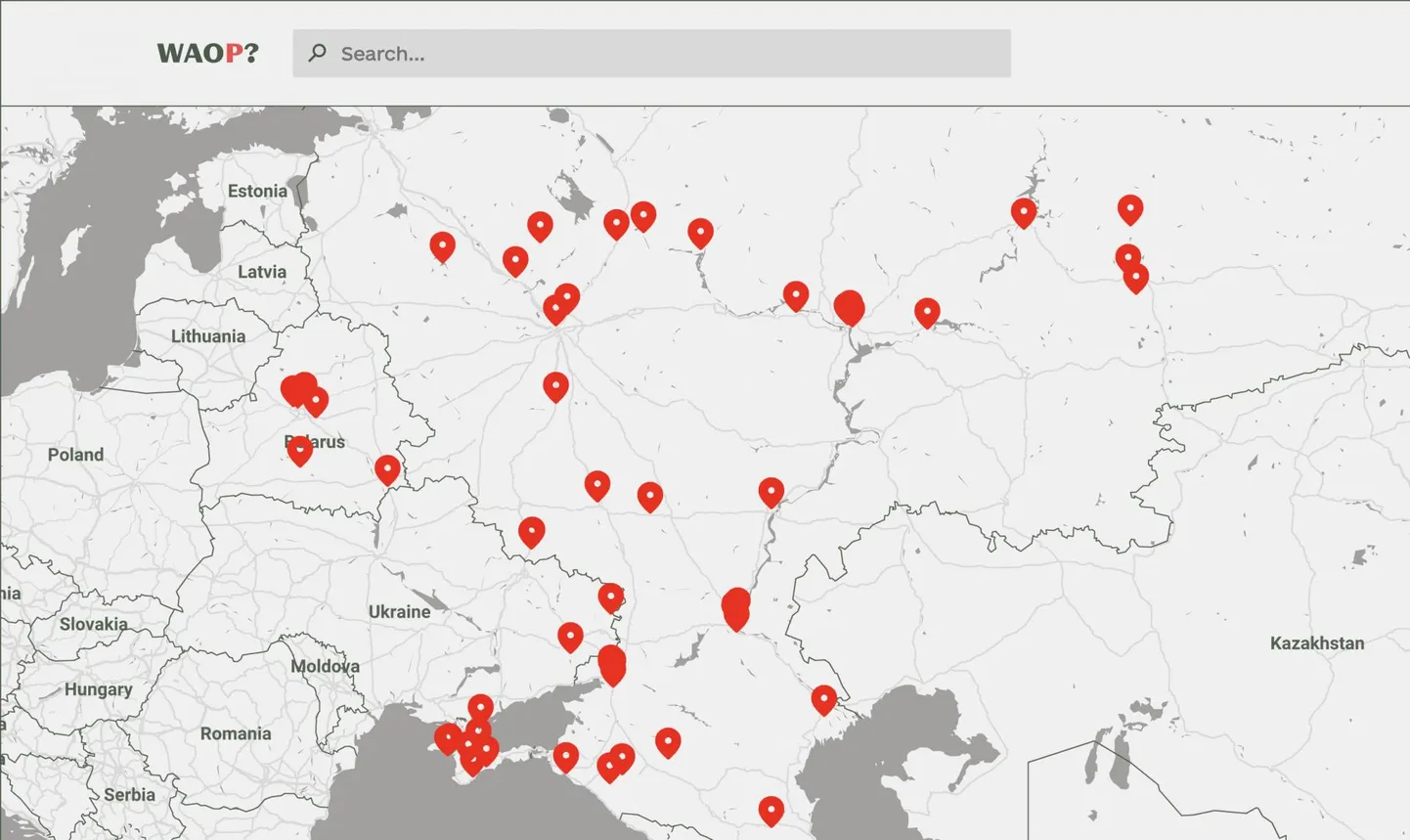 Kaart Venemaa ja Valgevene territooriumil asuvate küüditatud ukrainlaste ajutiste majutuskeskustega.