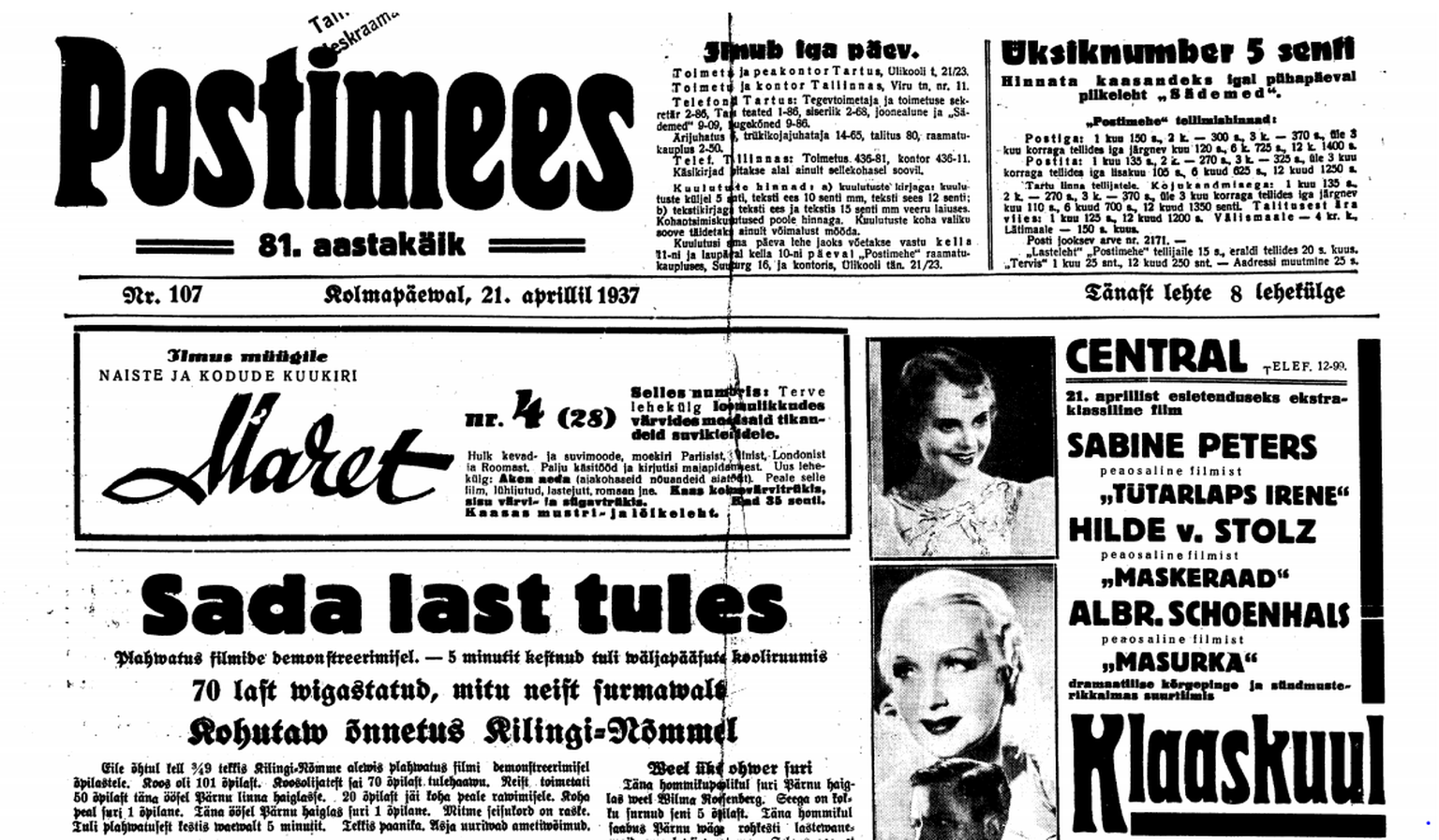 Kilingi-Nõmme tragöödia kajastamine 1937. aasta 21. aprilli Postimehes.