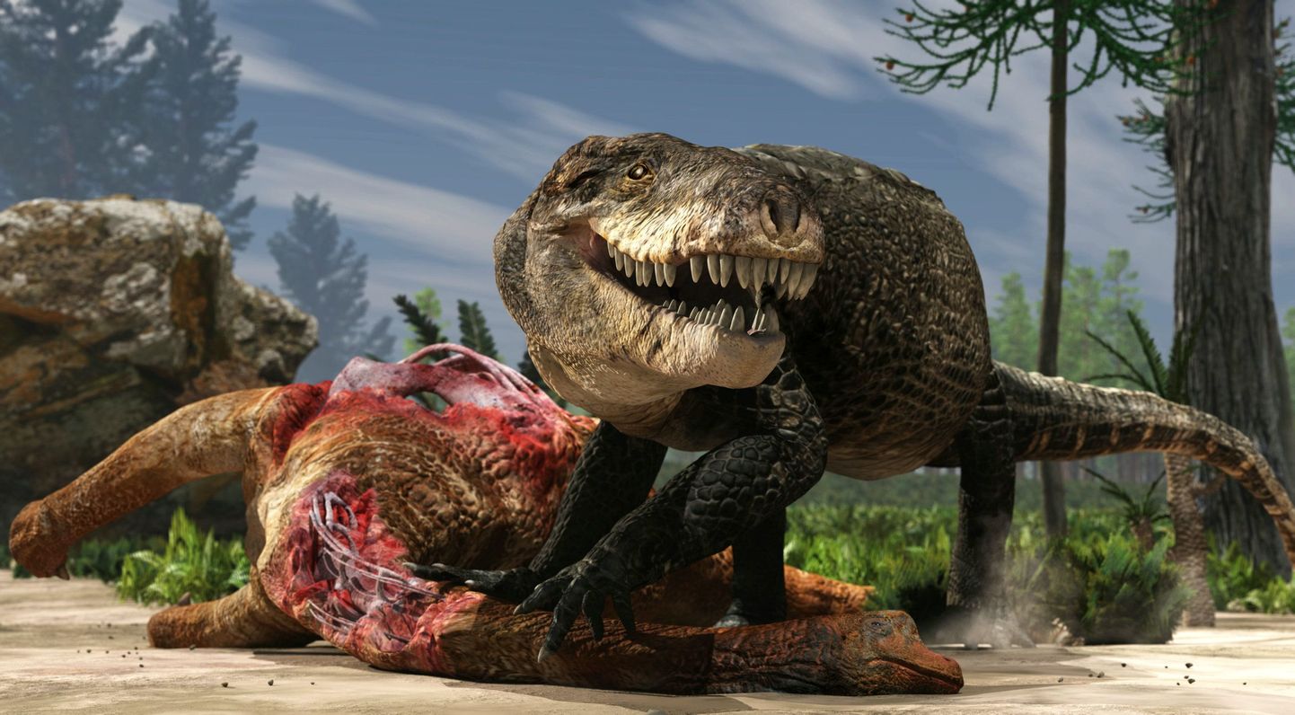 Kunstniku kujutis avastatud uuest dinosauruseliigist Razanandrongobe sakalavae.