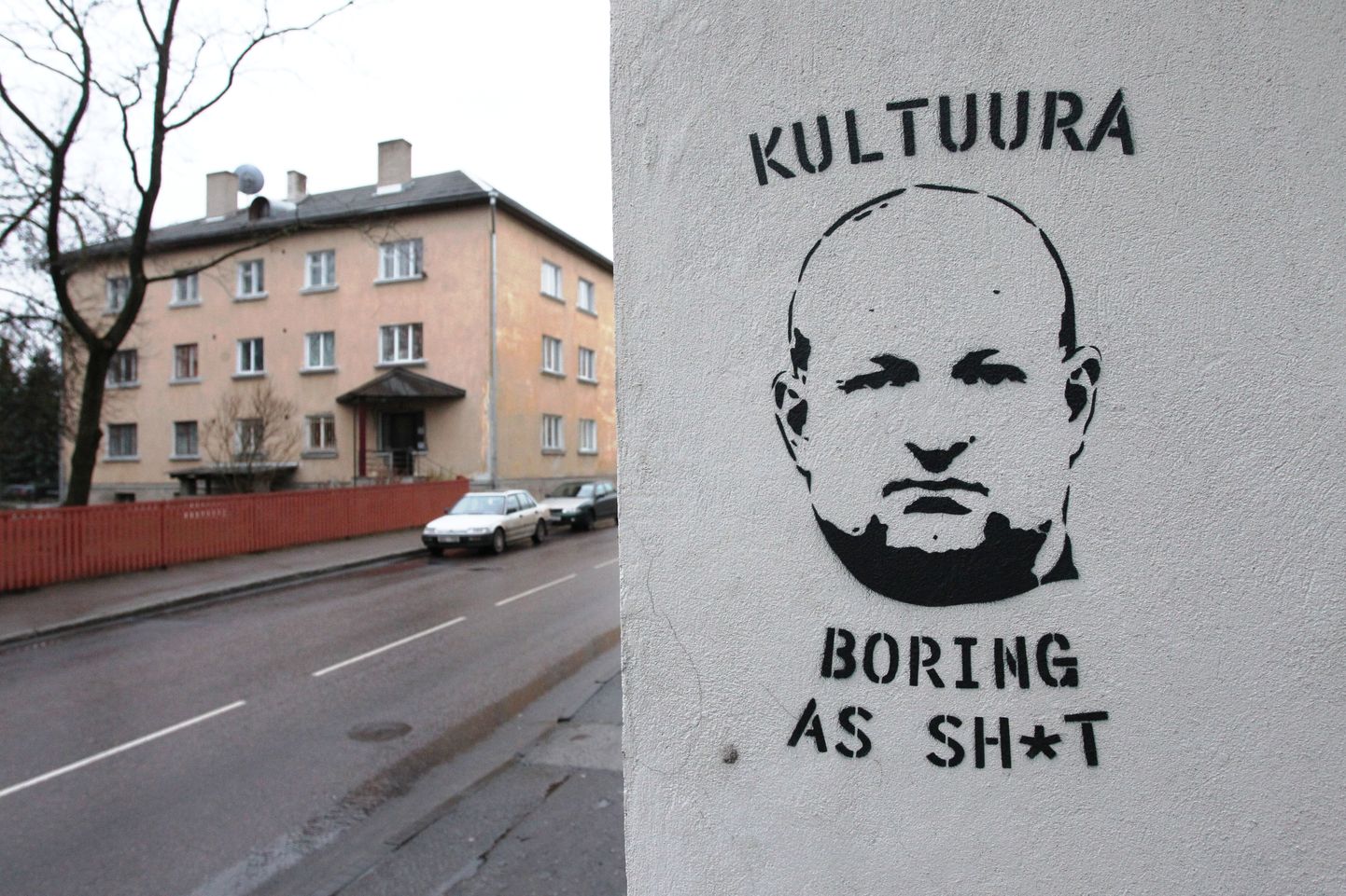 Pildil grafiti Vanemuise tänaval Tartu Kirjanike Liidu maja juures.