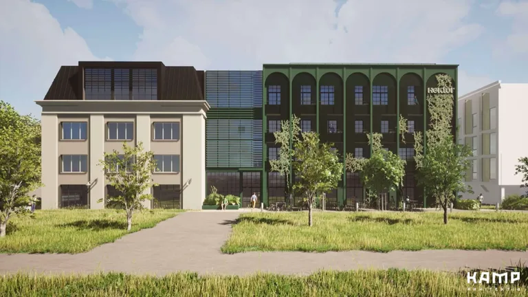 Hektor Design Hostel plaanib laiendust. Eskiisil paistab vaade Kase põigu poolt. Vana osa (vasakul) ja uus osa (roheline maja) ühendatakse.