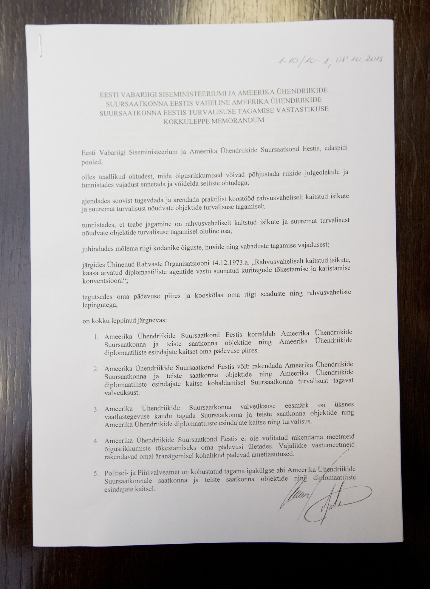 Меморандум о сотрудничестве по обеспечению мер безопасности посольства США, заключенный между МВД Эстонии и посольством.