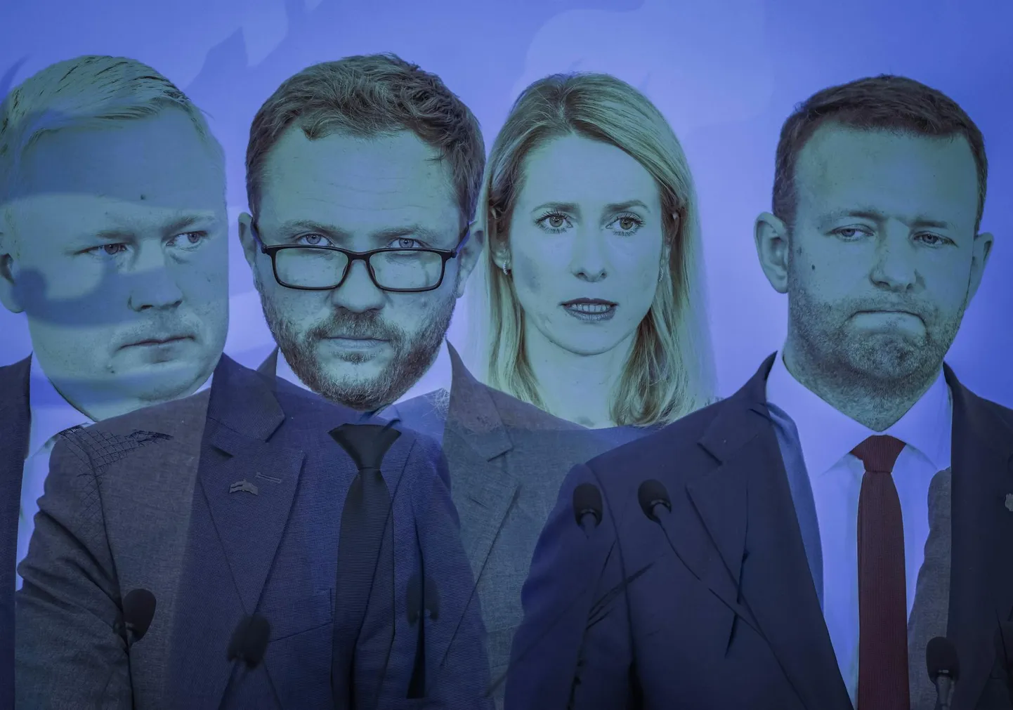 Parteipoliitikas on 2023. aasta olnud kahevaatuseline. Kõigepealt märtsis toimunud valimised, seejärel Reformierakonna ja Eesti 200 reitingu sügav langus. On sellel kõigel mingi pikem tähendus? Vara veel öelda. Pildil (vasakult) Mart Võrklaev, Margus Tsahkna, Kaja Kallas ja Lauri Läänemets.