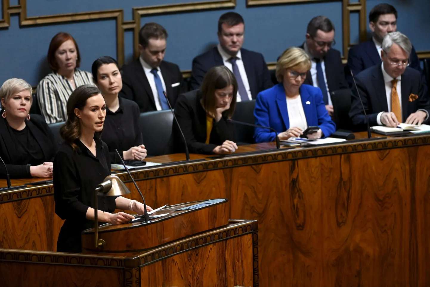 Soome peaminister Sanna Marin 16.05.2022 eduskunta täiskogu istungil arutamas NATO-ga liitumise küsimust.