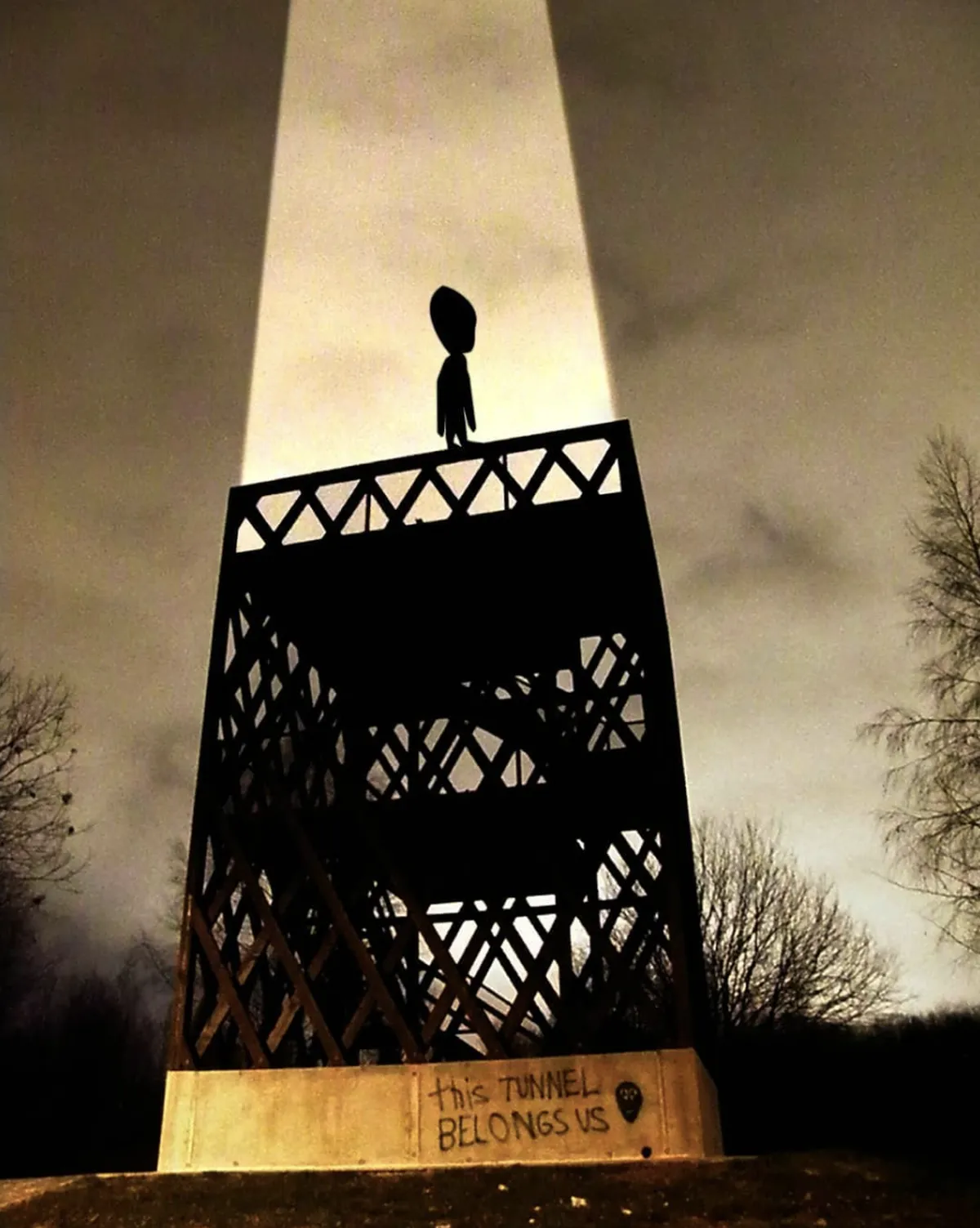 I was walking to Kopli (district in Tallinn) on that night and saw unusual man tagging to observation tower concrete. When it saw me, it quickly climbed up and waslifted up to sky (photo is reconstructed). I still feel a bit odd after that incident.