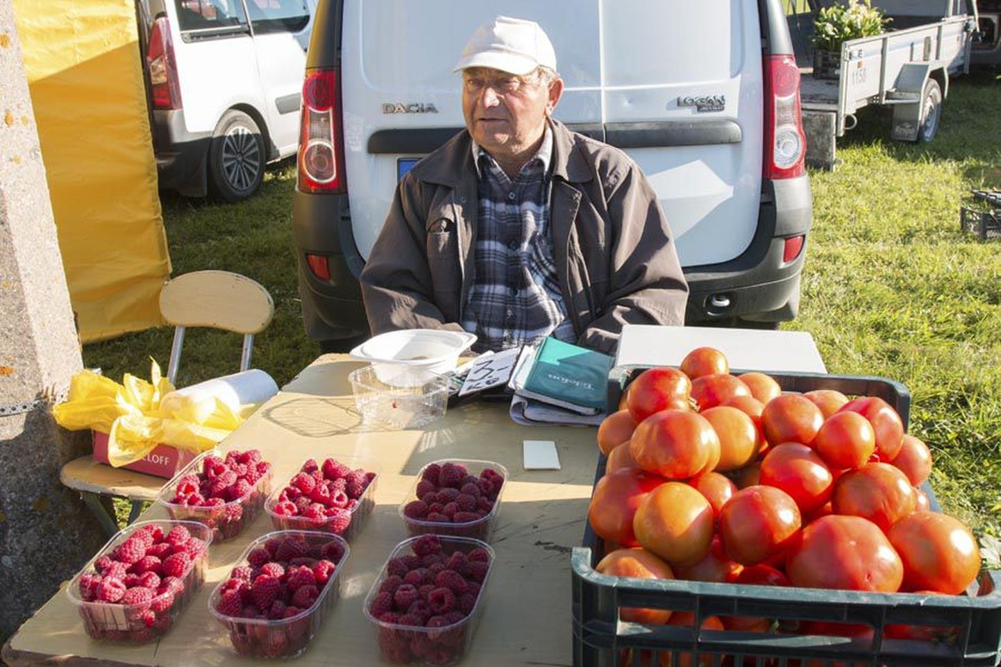Tammeka aiandustalu peremees Endel Sööt toob müügiks mitut sorti maasikataimi, tomateid ja kurke ning isuäratavaid vaarikaid.