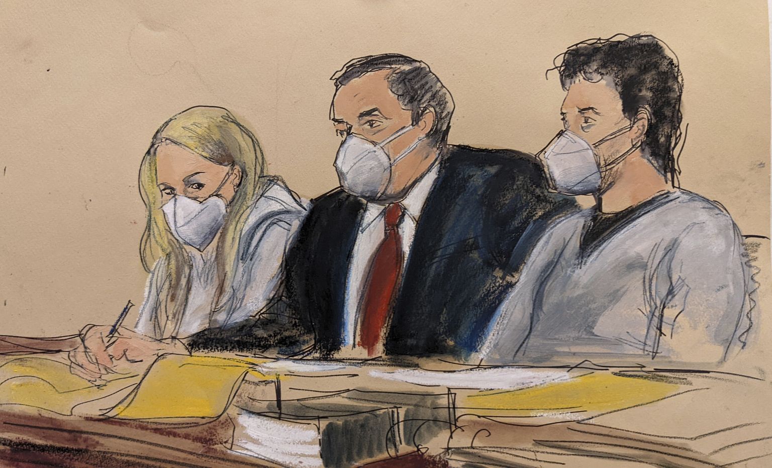 New Yorgi kohtukunstniku joonistus. Advokaat Sam Enzer (paremal), Heather Morgan, (vasakul) ja Ilja Lichtenstein 8. veebruaril 2022 kohtus. Neid süüdistatakse 4,5 miljardi dollari (3,96 miljardit eurot) väärtuses varastatud krüptoraha pesemises