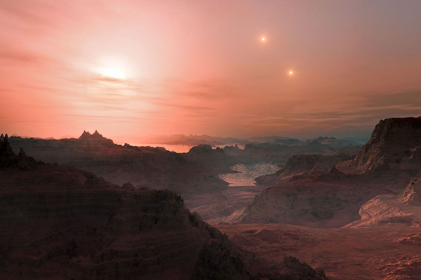 Kunstniku kujutatud päikeseloojang planeedil Gliese 667 Cc