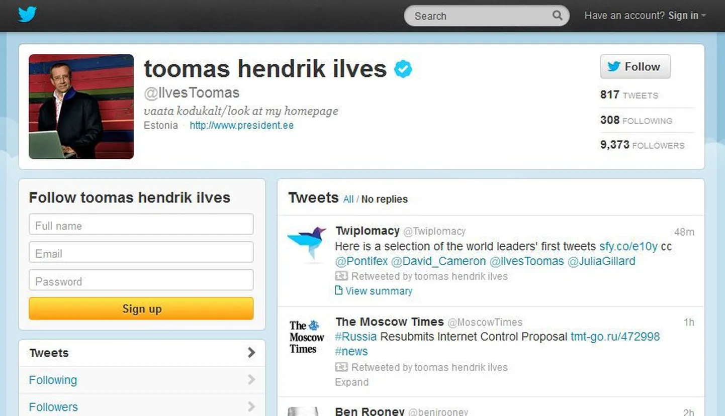 Toomas Hendrik Ilvese Twitteri leht.