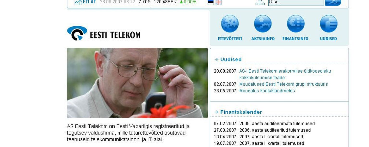 Eesti Telekomi kodulehekülg.