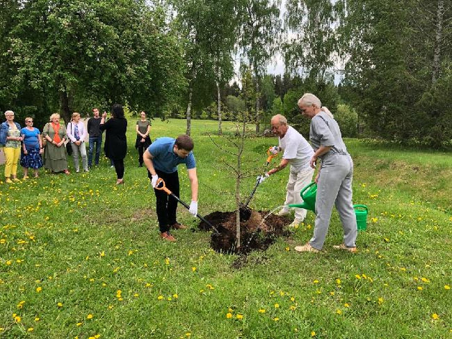 Puu istutasid mulda maakonna peo üldjuht Riivo Jõgi (vasakult), Põlva valla aukodanik Ilmar Tagel ja Põlva abivallavanem Janika Usin.