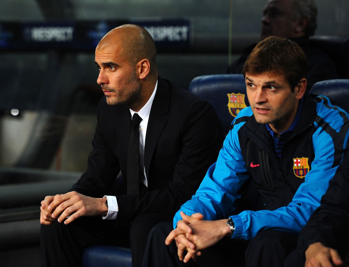 A picture taken on May 3, 2011 shows Barcelona's coach Pep Guardiola (L) his deputy Tito Vilanova during the Champions League semi-final second leg football match between Barcelona and Real Madrid at the Camp Nou stadium in Barcelona.  Tito Vilanova is new Barca coach after Pep Guardiola announced his was leaving the club earlier on April 27, 2012.  AFP PHOTO / LLUIS GENE
