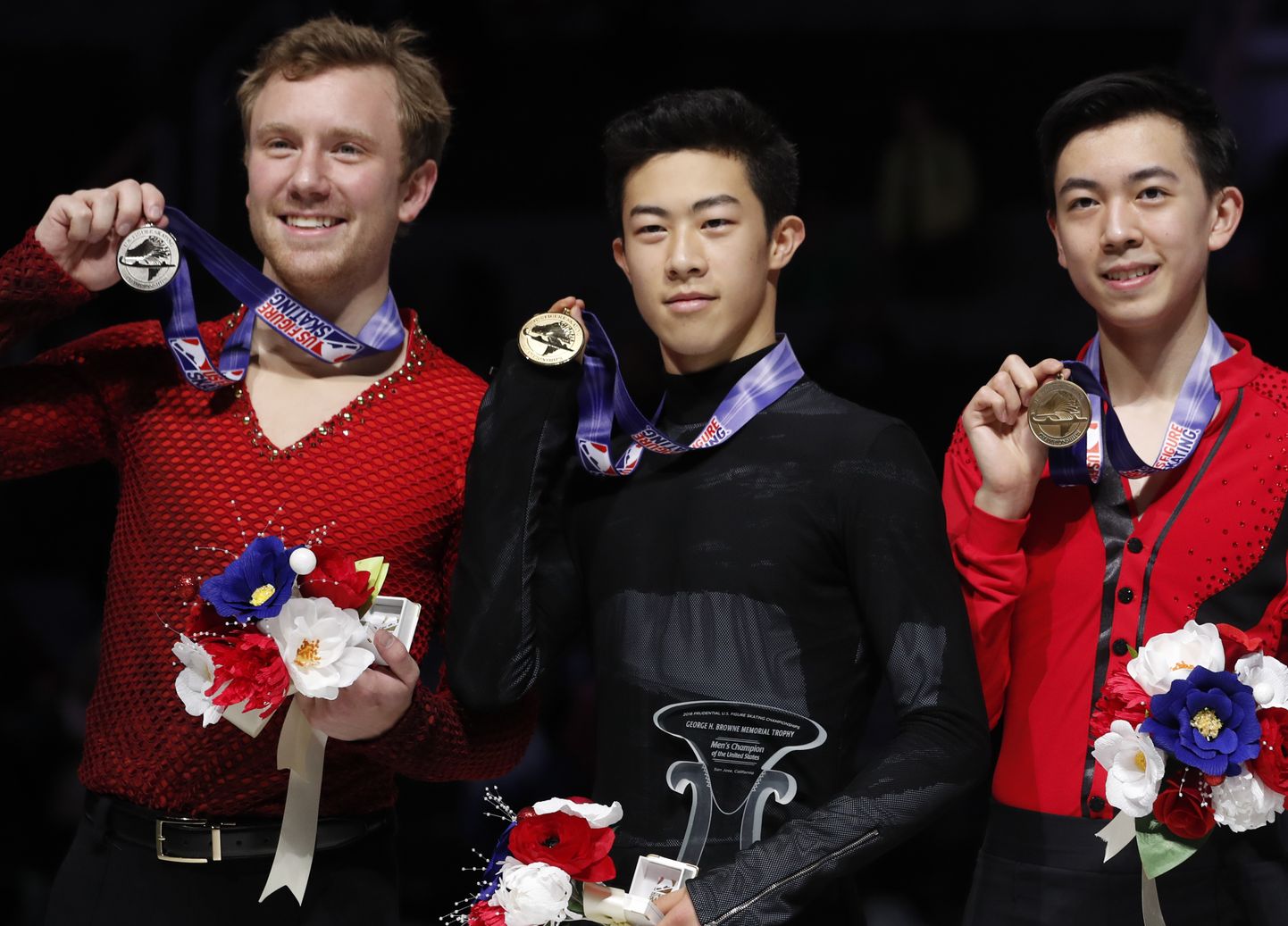 Победители чемпионата США по фигурному катанию Росс Майнер, Натан Чен, Винсент Чжоу.