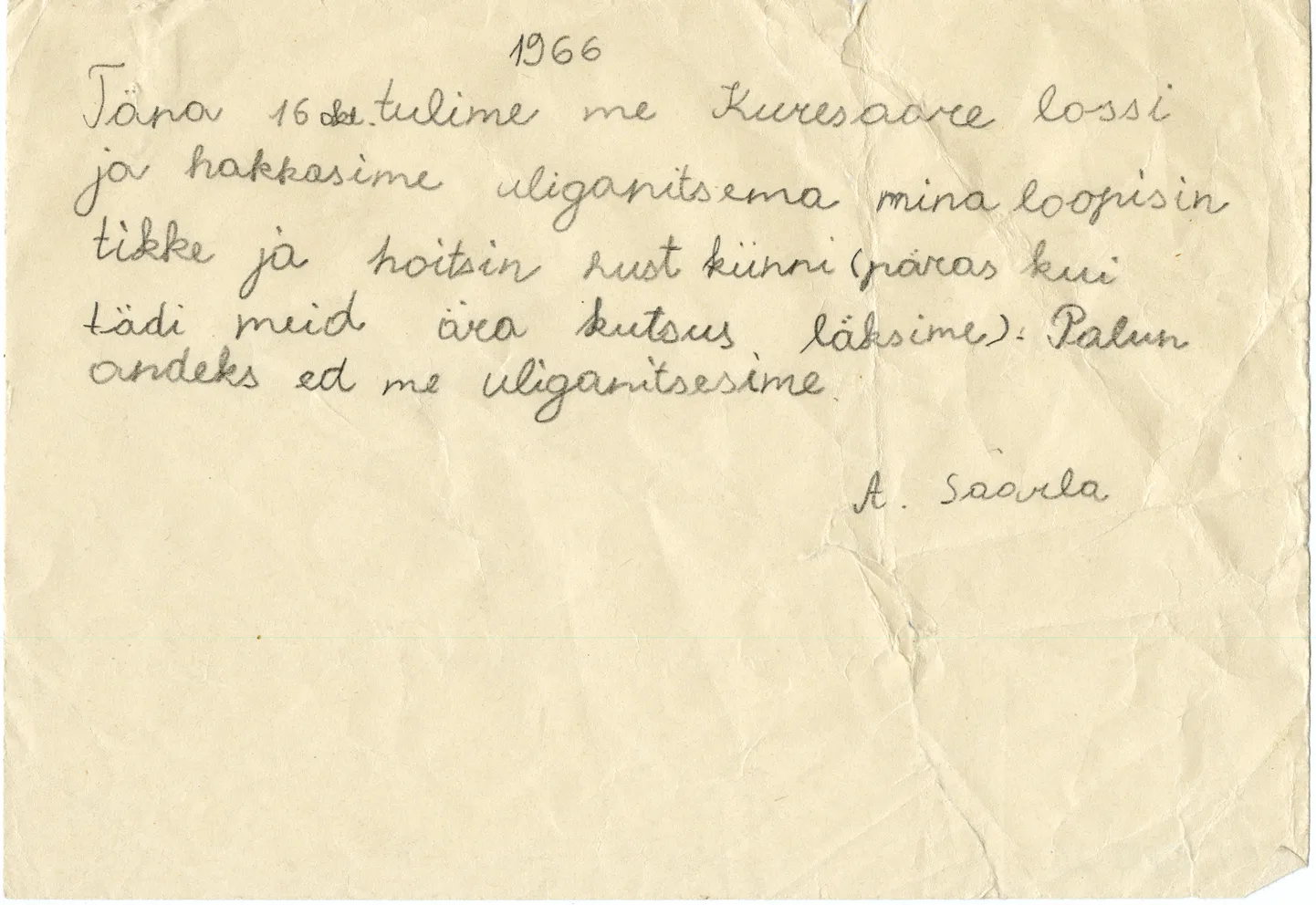 Algklassiõpilase Aivar Saarla (s. 1957) seletuskiri lossis huligaanitsemise kohta 16.10.1966