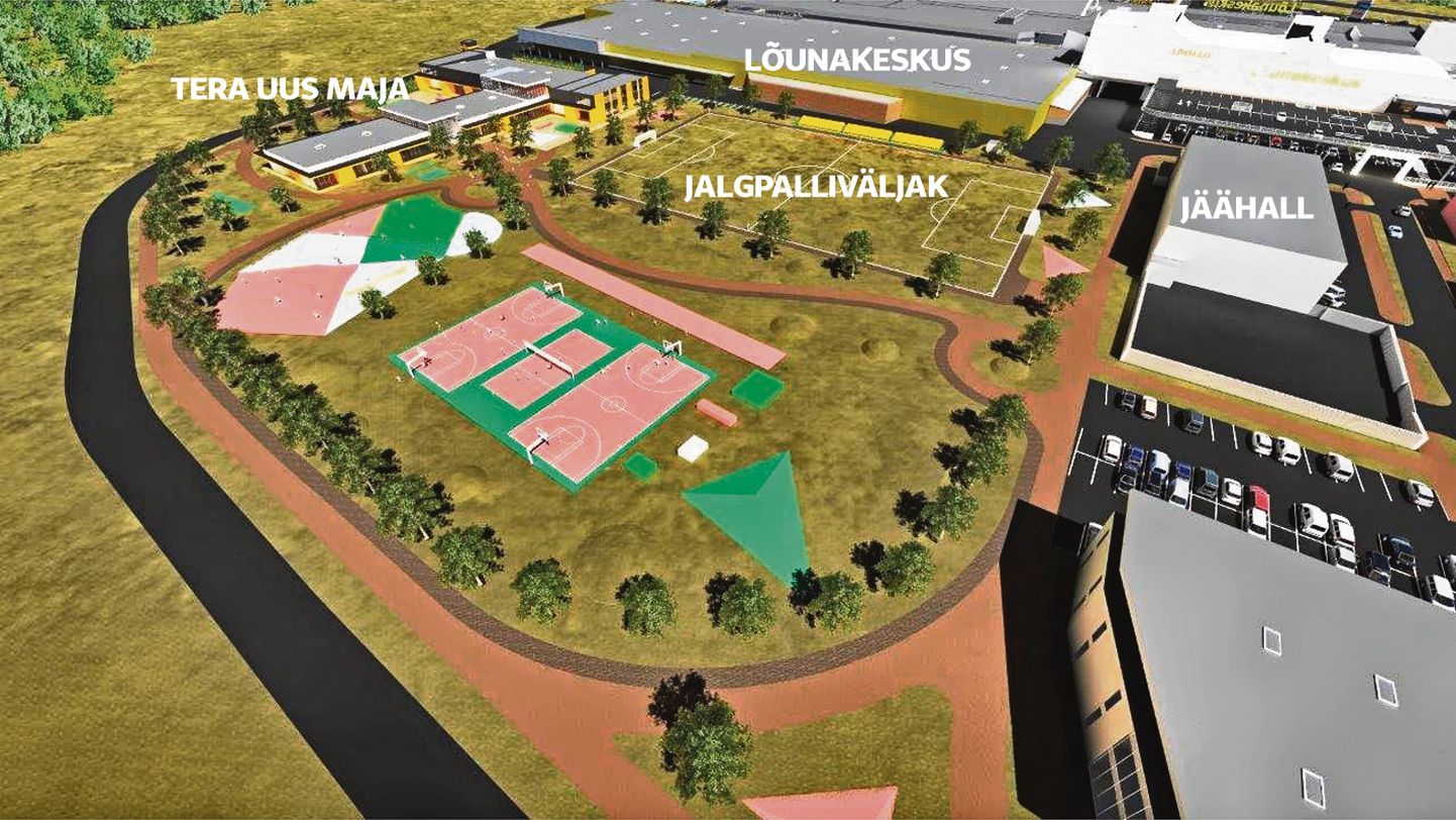 Projekt näeb ette, et Lõunakeskuse taha Tartu Erakooli uue maja kõrvale tuleb spordiväljak, kus on ka jalgpalliväljak. Kuigi eskiisil on jalgpalliplats lageda taeva all, soovivad arendajad platsile pneumaatilise kupli peale sättida.