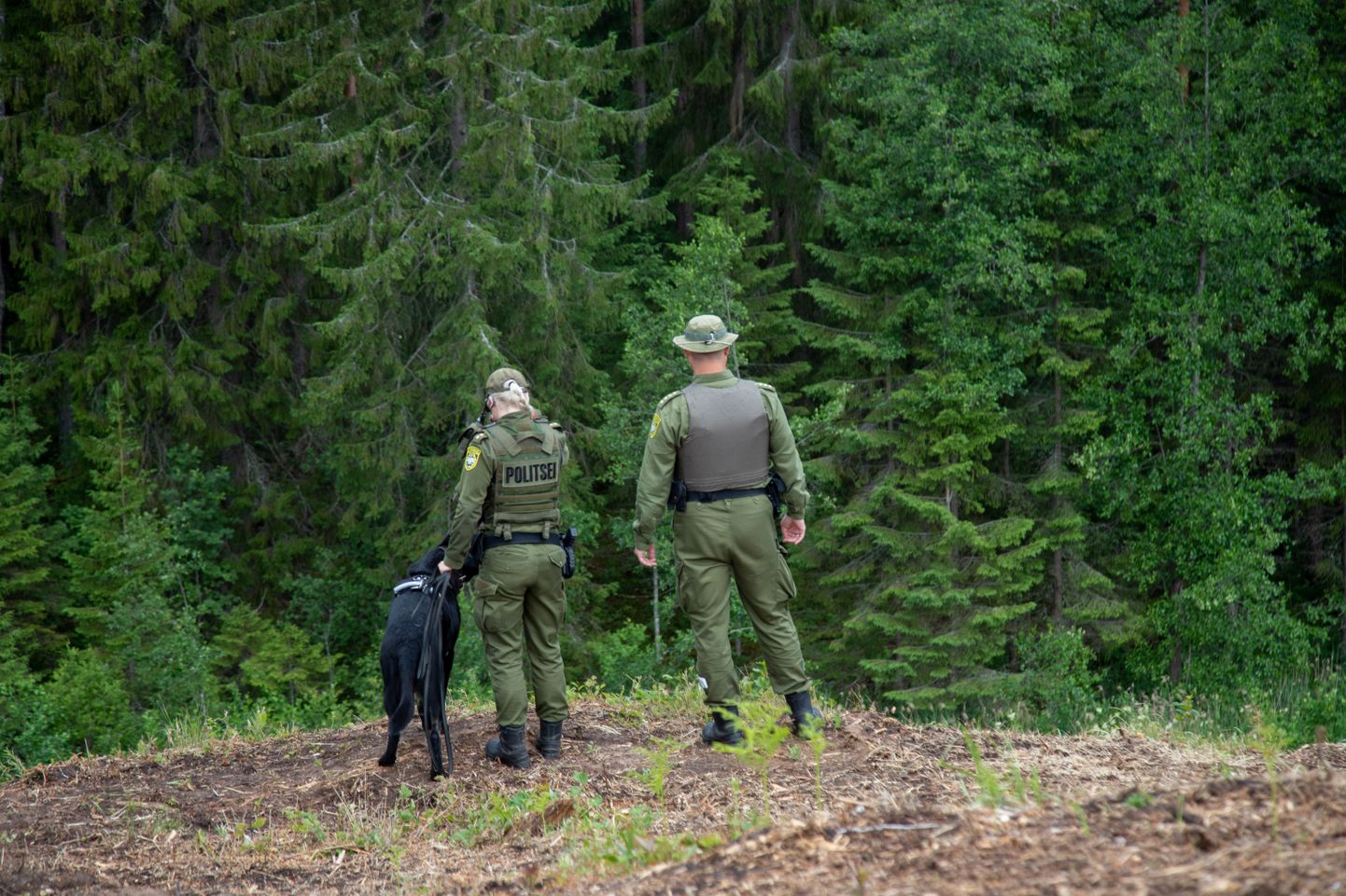 Piirivalvurid ja koer seisavad Setomaa vallas Eesti-Vene piiril.