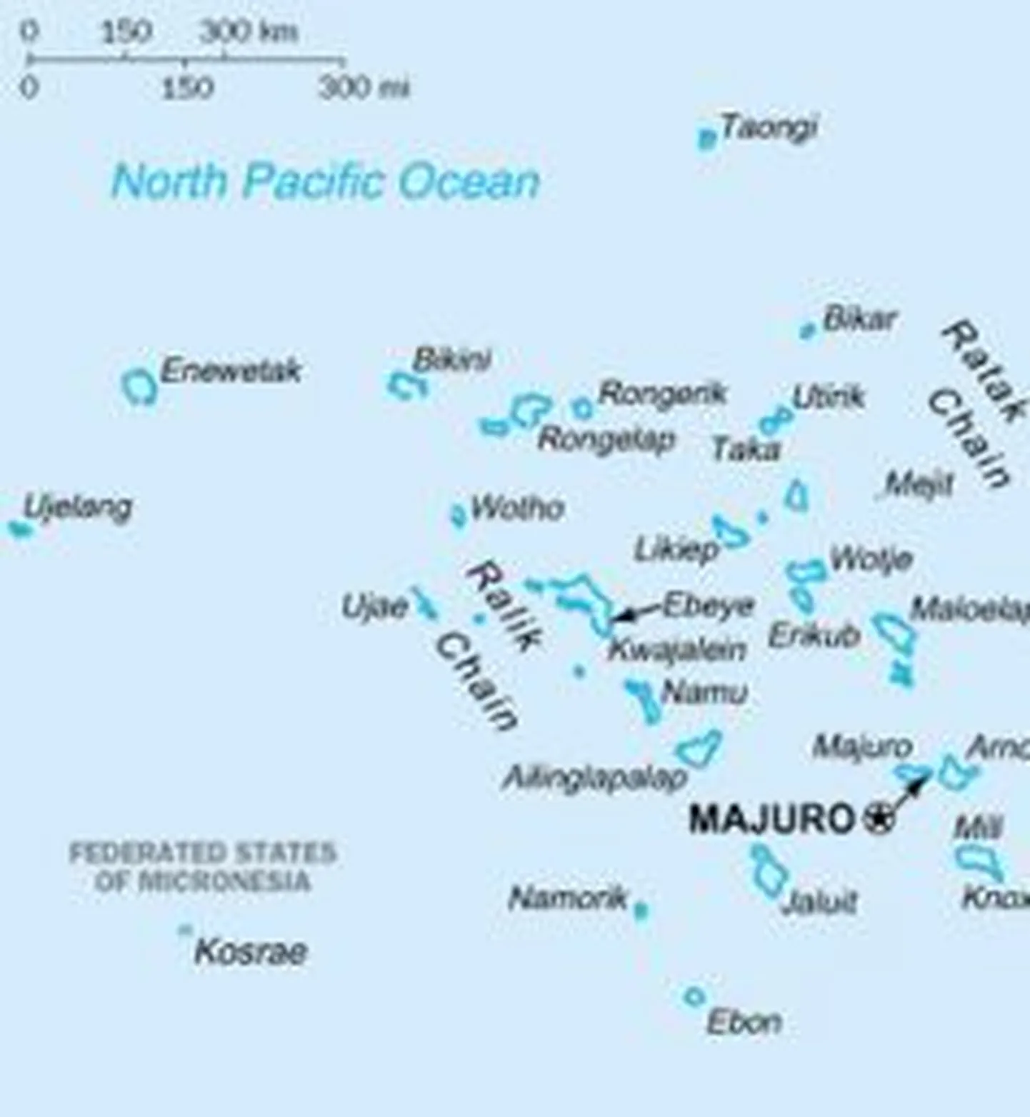 Bikini atoll pürgib maailmapärandi nimekirja. Kaardil Marshalli saared, mille hulka kuulub ka Bikini atoll